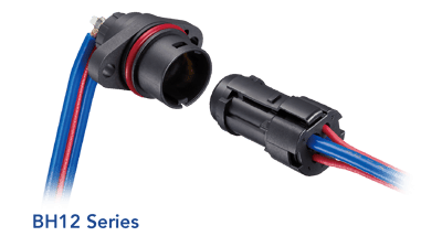 Product | Image of Hiroses BH12 connector, optimized for board-to-board connections, highlighting its high current rating and wide temperature range for micro-mobility applications. Title Text