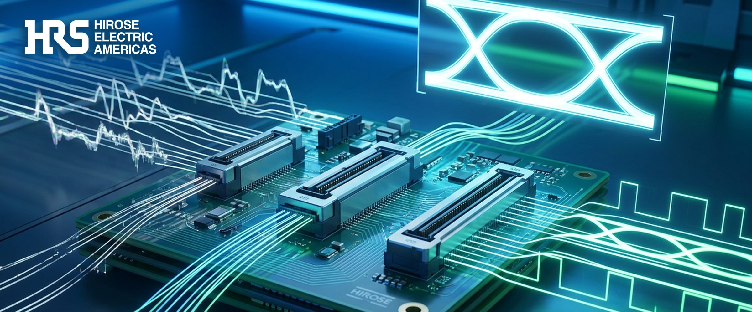 Hirose high-speed board-to-board connectors on a PCB illustrating signal integrity, connector validation, and 25+ Gbps data transmission performance.
